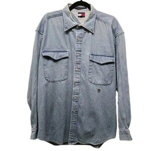 VTG Tommy Hilfiger Button Up Shirt Mens sz Large Long Sleeve Blue Denim Cotton
